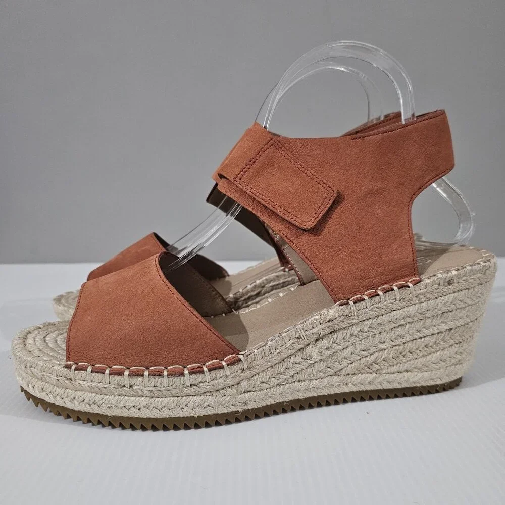 Eileen Fisher Weslia Espadrille Wedge Sandal Womens 9.5 Burnt Orange Leather